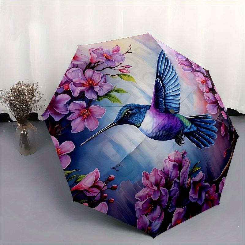 Hummingbird, Floral Automatic Folding Umbrella  8 Ribs, Durable Iron Frame, Bright Color Pattern Compact Travel Umbrella, Suitable for Outdo