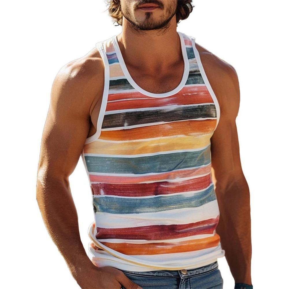 Canottiere a Strisce Colorate Semplici Stampa 3D Uomo Estate Senza Maniche Casual Gilet Sportivo Girocollo Traspirante Magliette Oversize Top