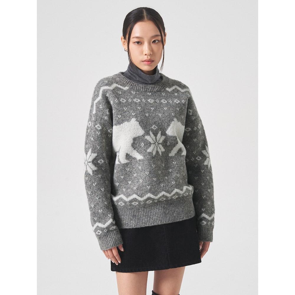 8Seconds Polar Bear Jacquard Round Neck Pullover Gray Gray (Antique Silver)/M