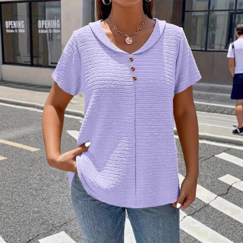 Camiseta Elegante Gola Boneca Tamanho Grande para Mulheres Cor Sólida Manga Curta Botões Plissados Tops Verão Solta Casual Simples Doce Camisa Roupa Feminina