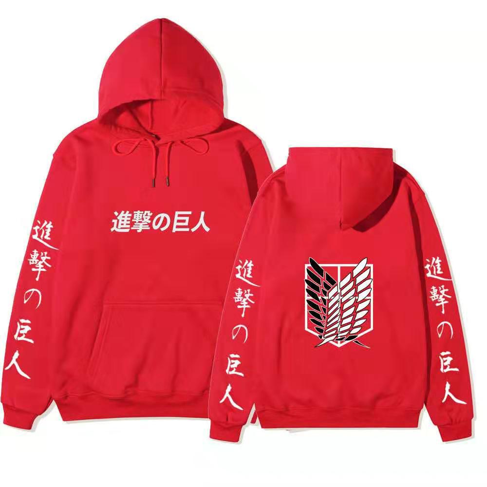 Attack on Titan Unisex Fleece Hoodie Front Japanese Text, Back Wings of Freedom Logo Autumn Winter Casual Pullover