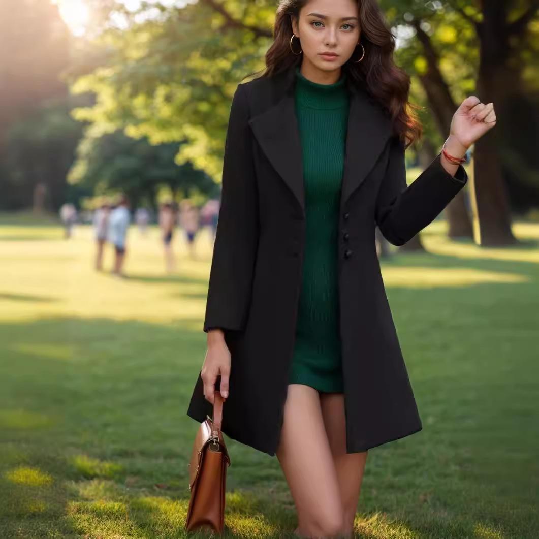 

Шерстяное пальто с отворотами средней и длинной длины, тонкое однотонное приталенное женское пальто XXXL