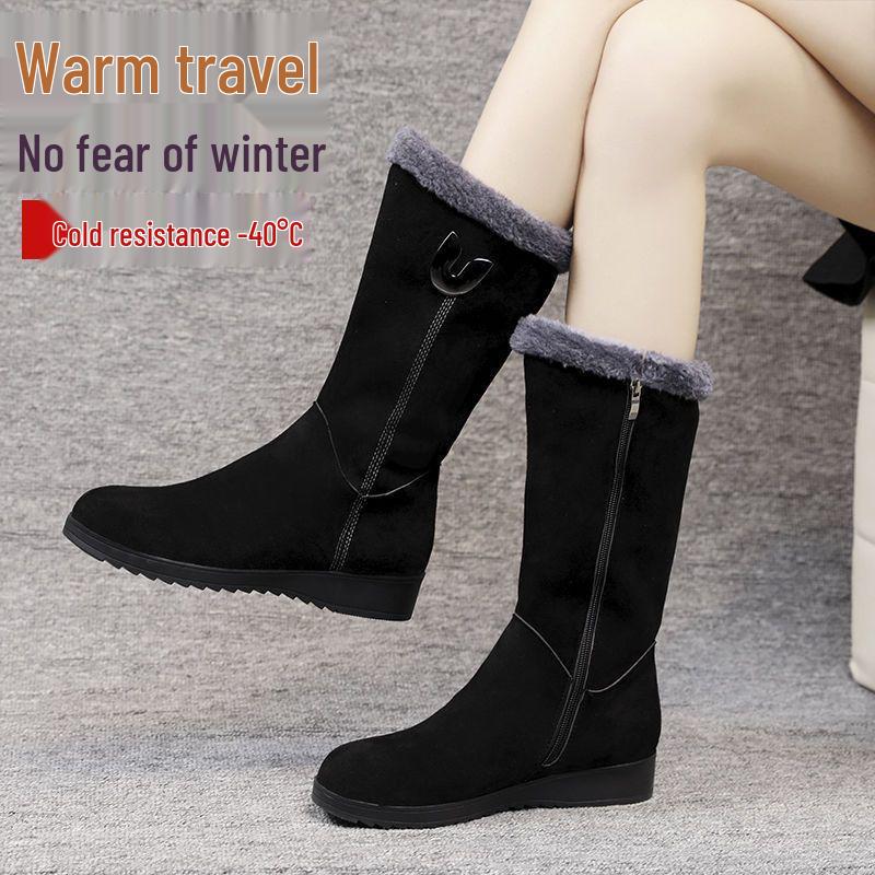 Women's High-Top Mid-Calf Snow Boots, Velvet-Lined, Non-Slip, Lightweight, Warm, Flat Bottom.