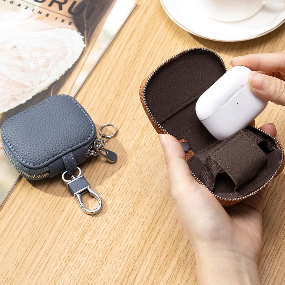 Small Genuine Leather Universal Key Wallets Earbud Case Headphone Storage Case Earphones Carrying Pouch Key Case
