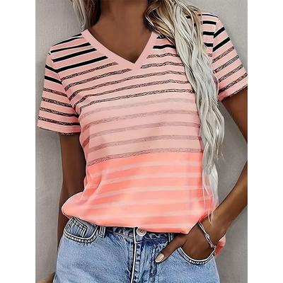 Damen Gestreiftes Geometrisches Grafik V-Ausschnitt T-Shirt, Kurzarm Freizeit Oberteile, Tägliches Mehrfarbiges Aussehen für Frühling & Sommer