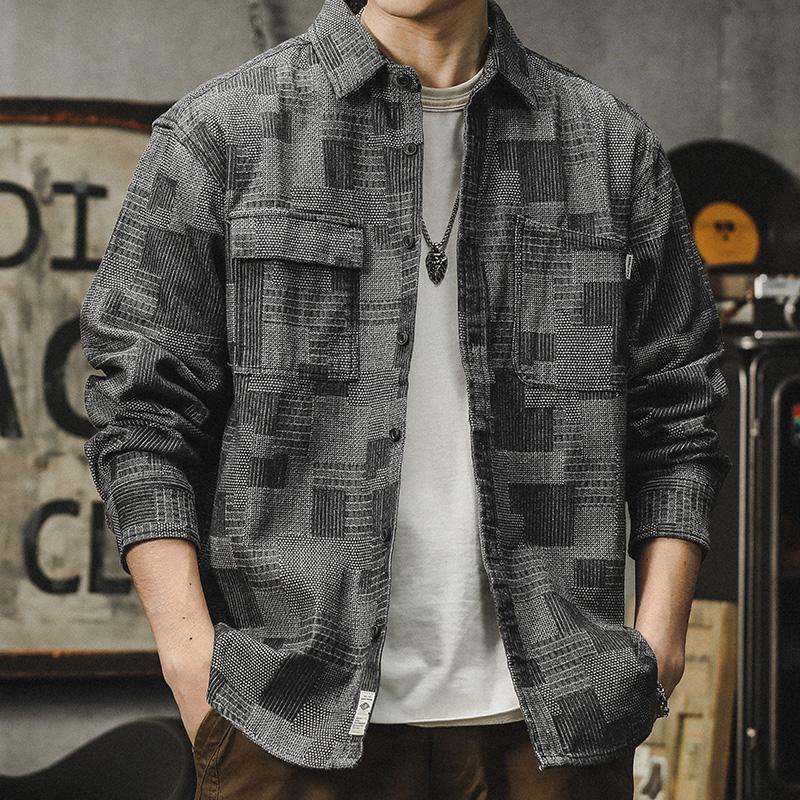 Spring and Autumn New Men's Long-sleeved Plaid Denim Loose Casual Shirt Jacket