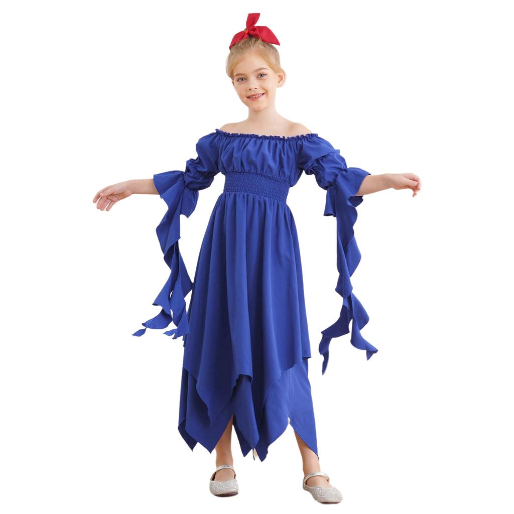 Girl's Renaissance Halloween Fancy Dress Costume Cold Shoulder Smocked Irregular Hem Dresses