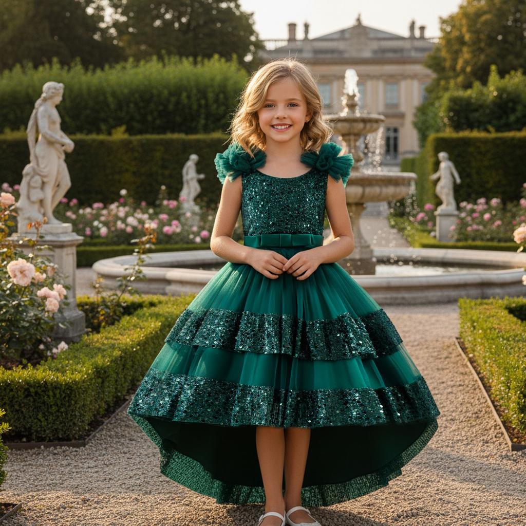 Pailletten-Prinzessinnenkleid: Formelles Kleid für Mädchen für Geburtstage und Partys – Schleife, Pailletten, Trägerlos, Schleppe
