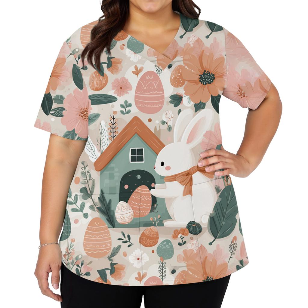 Women's Fashionable V-neck Short-sleeved Work Top With Double Side Slits And Pockets, Featuring Easter Bunny And Egg Prints.