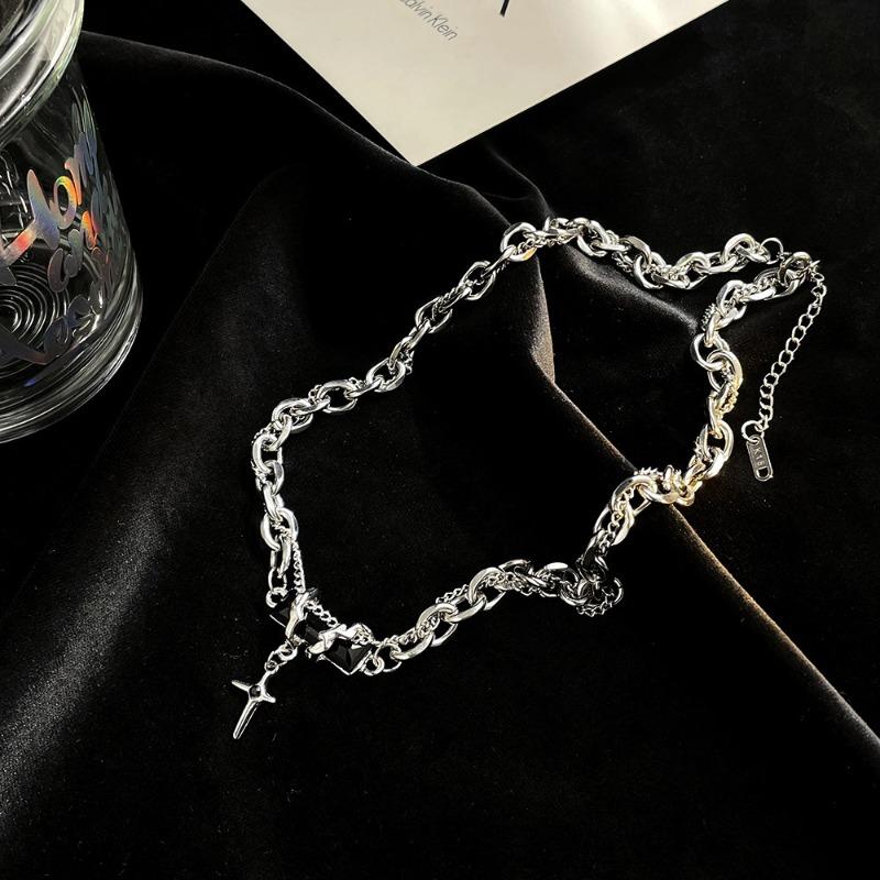 

New niche design wrapping black gemstone cross splicing necklace men s and women s senior dance design clavicle chain