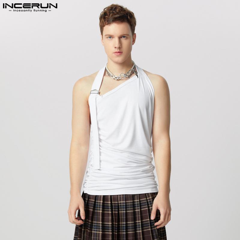 INCERUN Men Halter Irregular Neck Sleeveless Tops Solid Color Ruffled Tanks