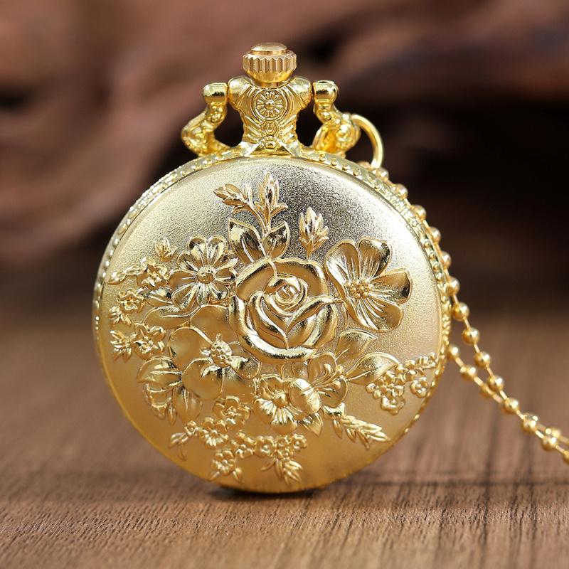 2pcs/set,1PC Fashion Men's ‘rose Pattern Design’quartz Pocket Watch & 1PC Mens Classic Golden Cross Necklace Pendant, Ideal Choice for Gifts