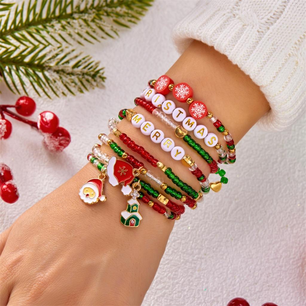 Christmas Crutch Star Santa Claus Deer Bell Snowflake Snowman Wreath Crystal Soft Clay Rice Beads Bracelet For Women Men Jewelry