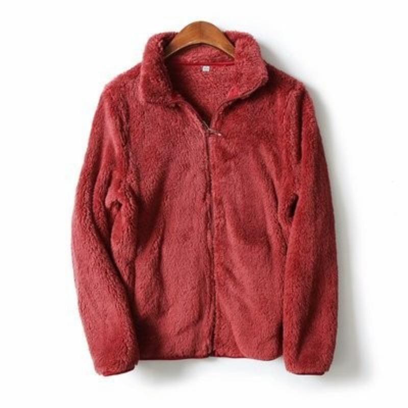 Autumn Winter Long Fleece Coral Fleece Cardigan Stand Collar Polar Fleece Jacket Warm Plush Coat Women