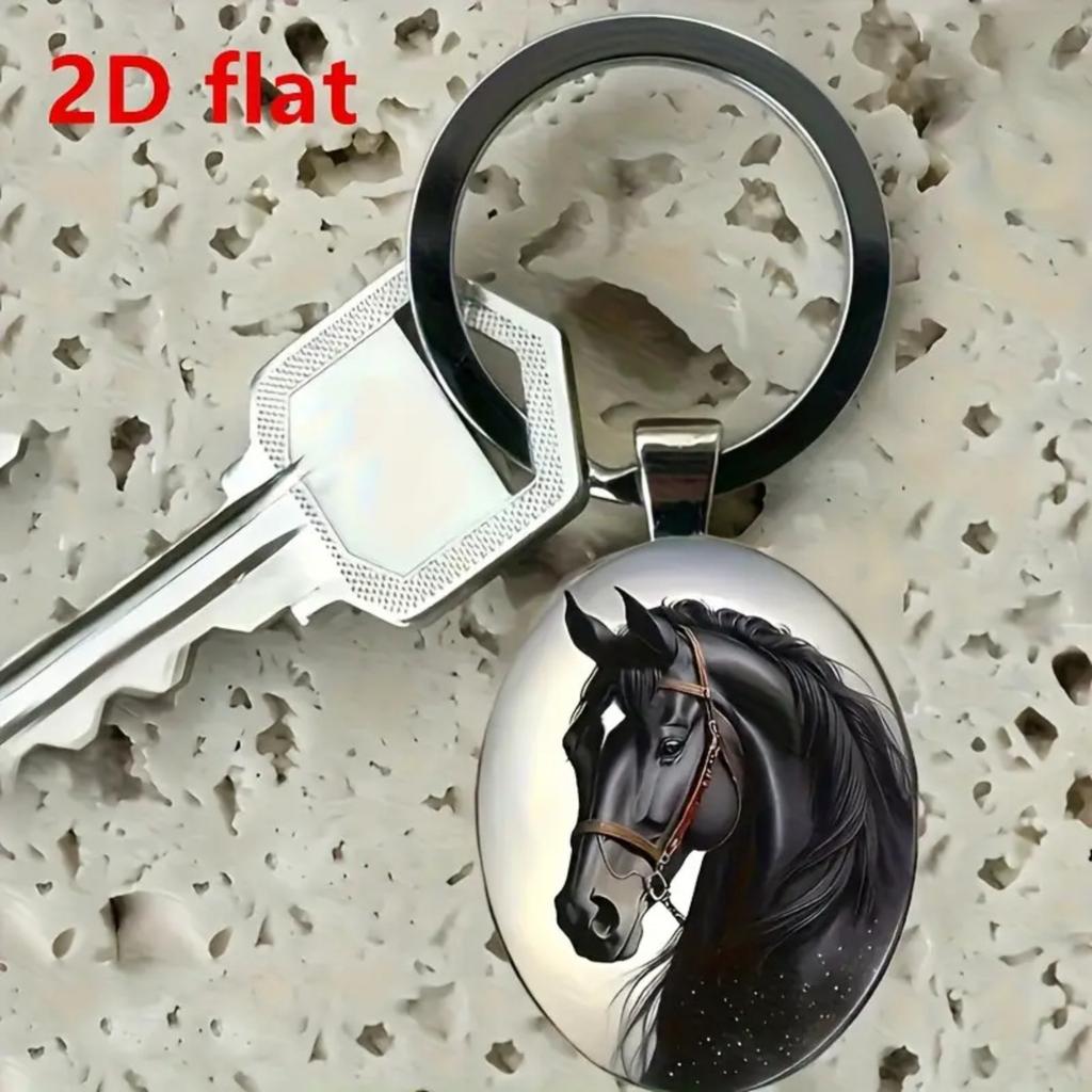 Alloy Keychain Pendant with Round Metal Key Ring and Printed Horse Pattern for Bags Backpacks and Keys