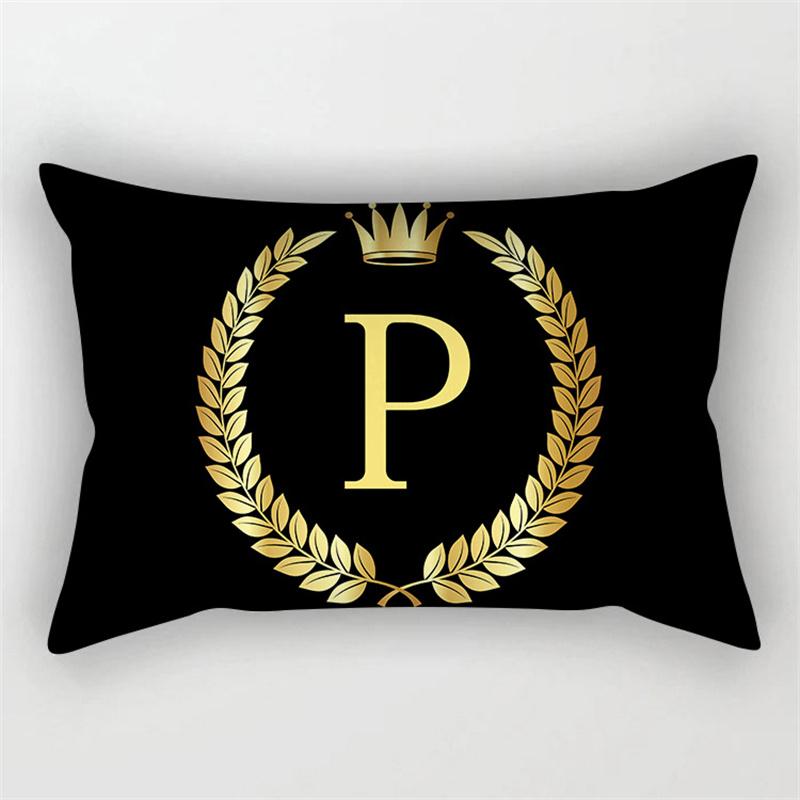 Gold Color Letter Cushion Cover 30x50cm Rectangle Pillow Case Crown Leaves Plant Polyester Black Sofa Pillow Cover Home Decor
