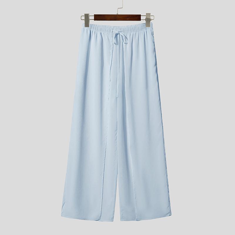 INCERUN Men's Sheer Overlay Split Trousers Casual Wide Leg Drawstring Beach Holiday Pants