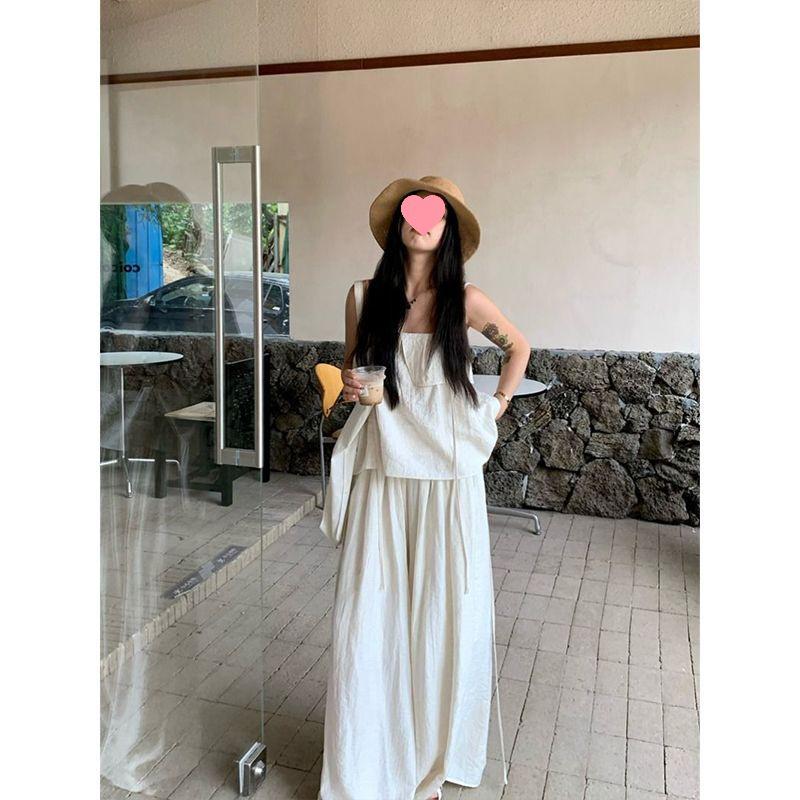 Elegant White Women's Summer 2026 Fashion: Ruffled Camisole & Wide-Leg Pants Skirt Set