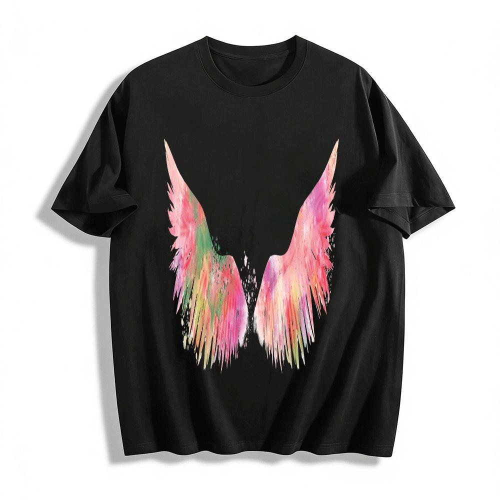 Watercolor Gradient Angel Wings Print Casual Loose Top Pure Cotton T-shirt
