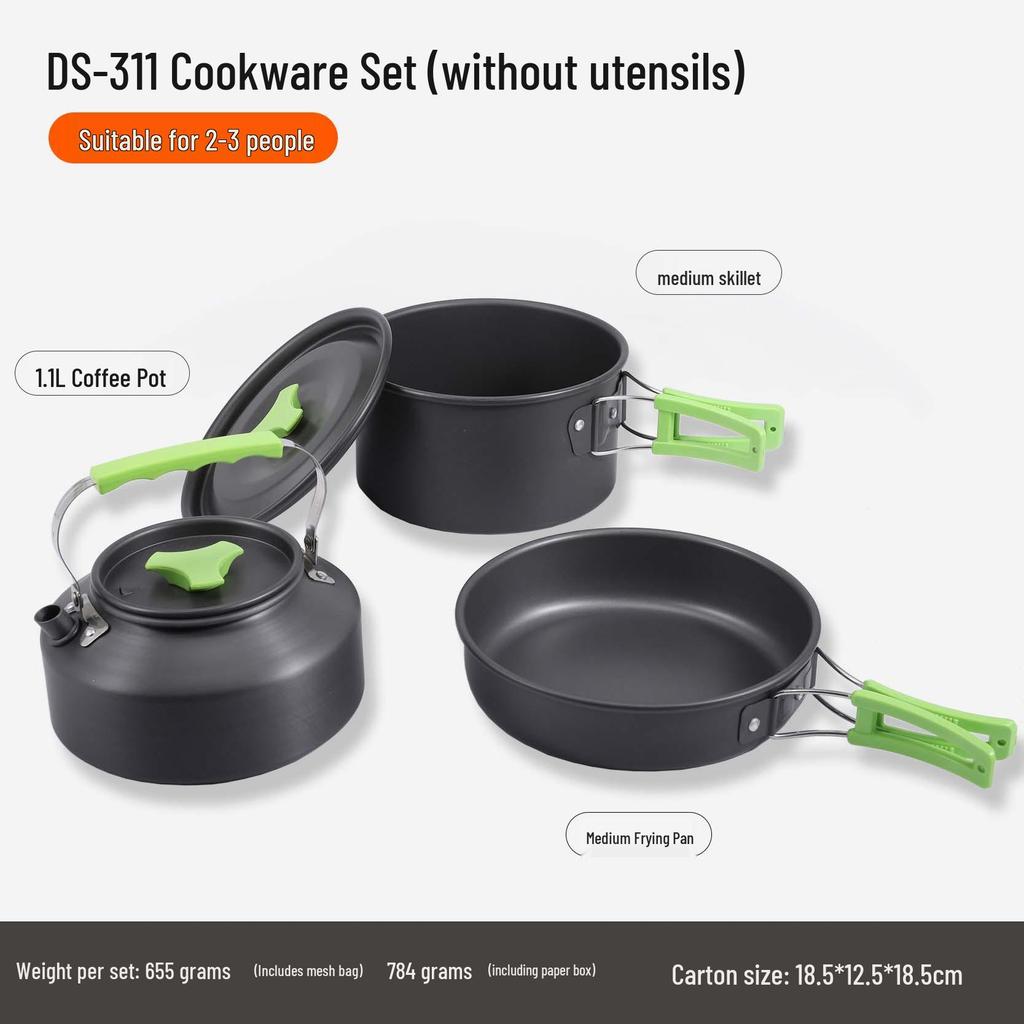 Outdoor Cookware Set DS311: 2-3 Person Portable Picnic Set with 1.1L Teapot and Tableware Accessories