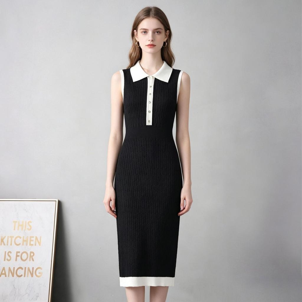 Temperament elegant contrasting color lapel short-sleeved dress women's waist simple and thin pit strip long dress women