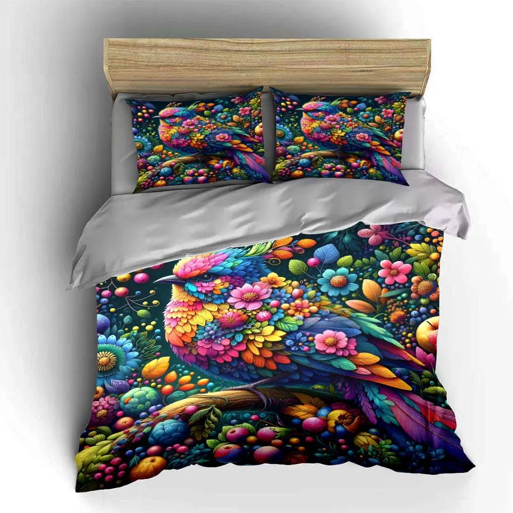 "Colorful Floral Bird Art Set" Multiple sizes kid's and adults' bedroom Exquisite 3PC bedding set, gift