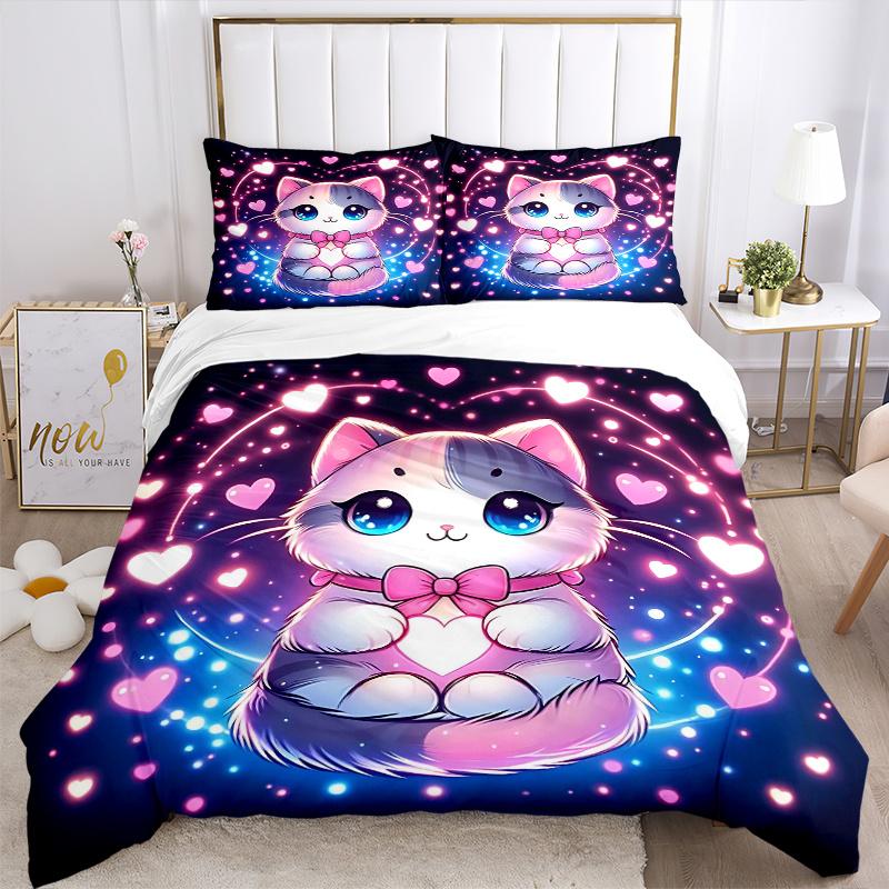 3pcs Sweet Love Cat Design Pattern Bedding Three-Piece Set (1 Cover + 2 Pillowcases, No Fillings), This Printed Bedding Set Is Soft and Comfortab