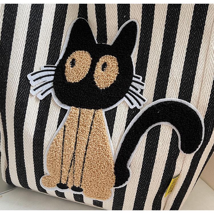 Korean Striped Cartoon Chenille Embroidery Canvas Bag - Large Capacity Cute Girl's Trendy Tote