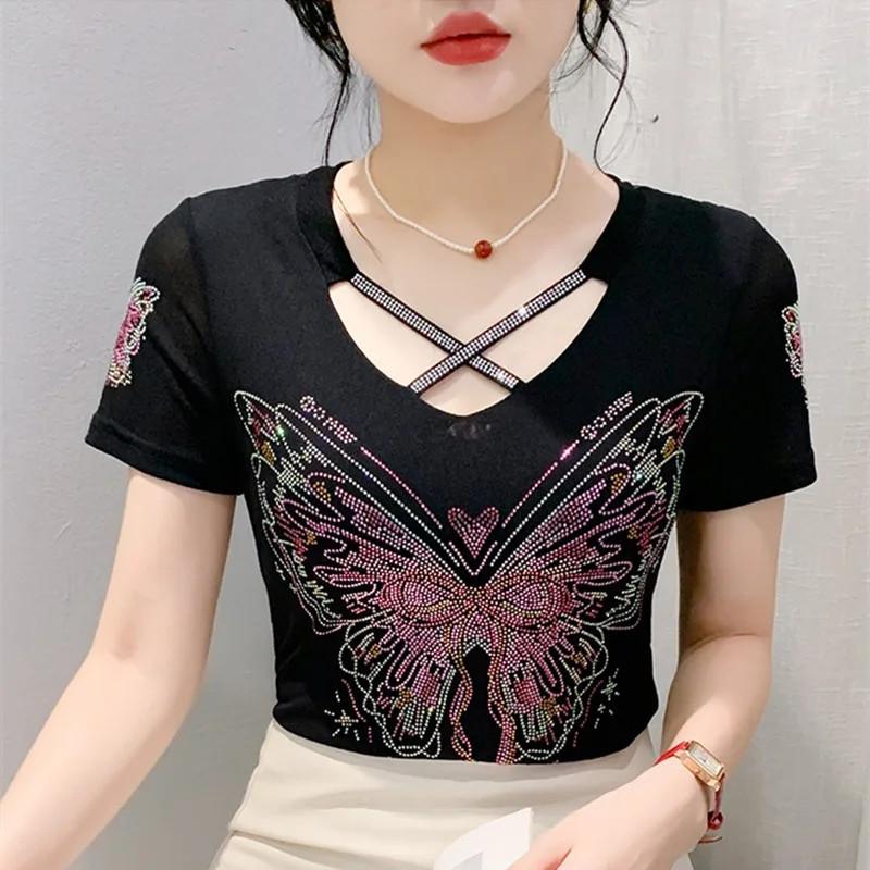 Haut Femme Sexy de Haute Qualité avec Design Croisé en V Débardeur Brillant Papillon Diamants Chauds Été Marque Féminine Élastique Slim T-shirts en Maille
