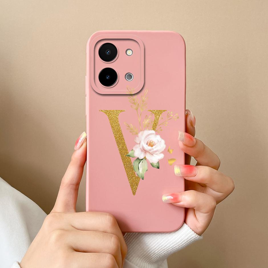 Case For Vivo Y28 4G 5G Art Flower 26 Letters Liquid Silicone TPU Back Cover For VivoY28 4G 5G Advanced Sense Couple Funda Shell