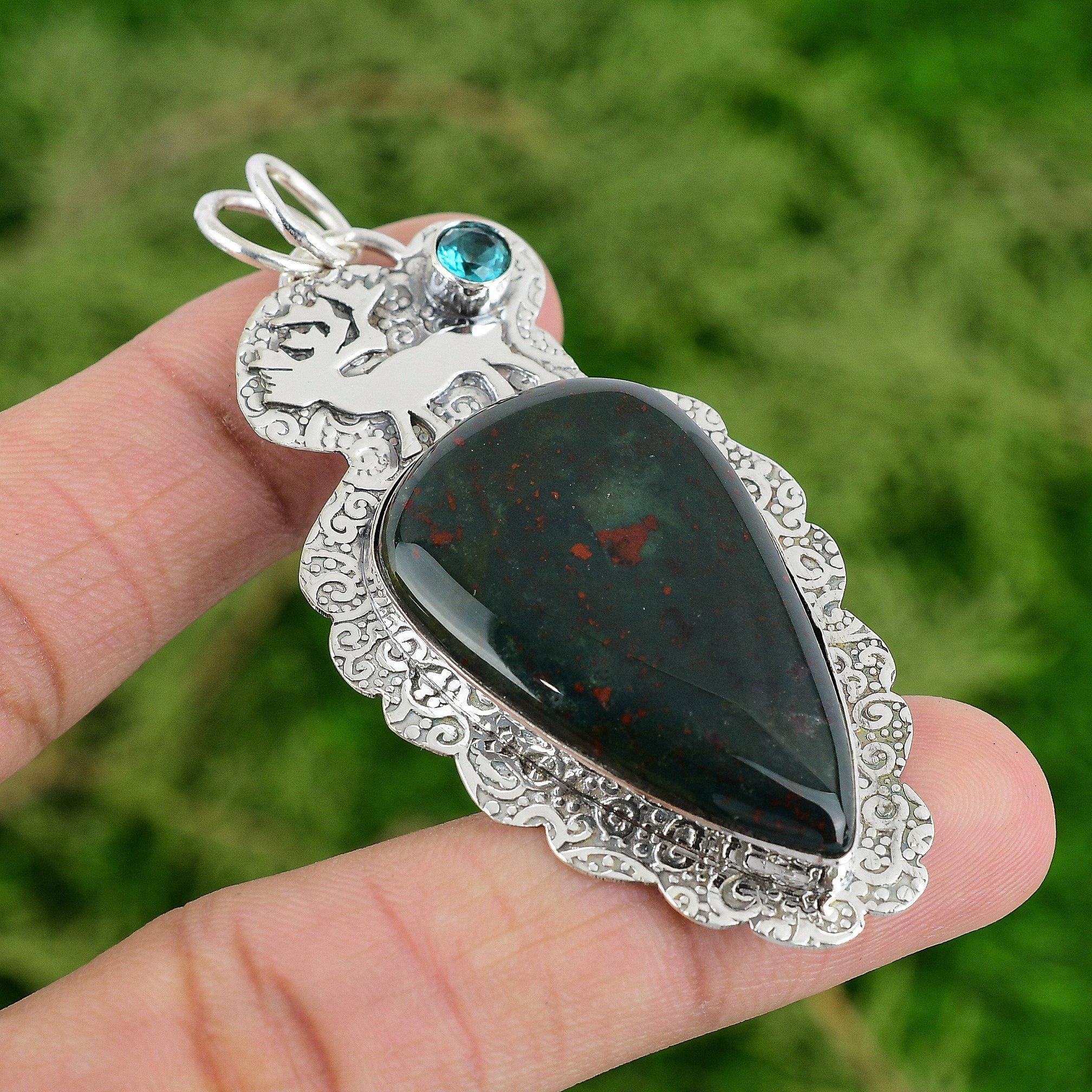 

Daughters Day Sale Bloodstone Gemstone Swiss Blue Topaz Sterling Silver Pendant