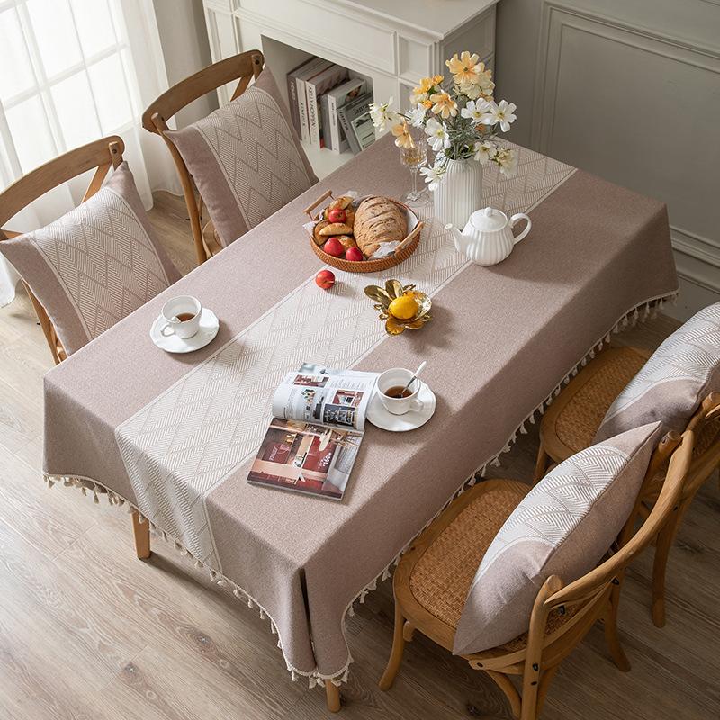 Christmas Light Luxury Ins Style Amazon Table Cloth Decoration Cotton And Linen Simple Solid Color Striped Tassel
