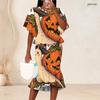 Women Plus Size Round Neck Halloween Printed Batwing Sleeve Ruffle Hem Top Fishtail Skirt Two Piece Set