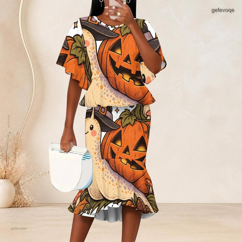 Women Plus Size Round Neck Halloween Printed Batwing Sleeve Ruffle Hem Top Fishtail Skirt Two Piece Set