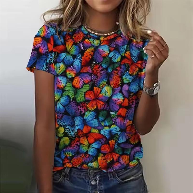 Summer Casual Short Sleeved Round Neck Top with 3D Printed Colorful Butterfly Pattern Women's T-shirts