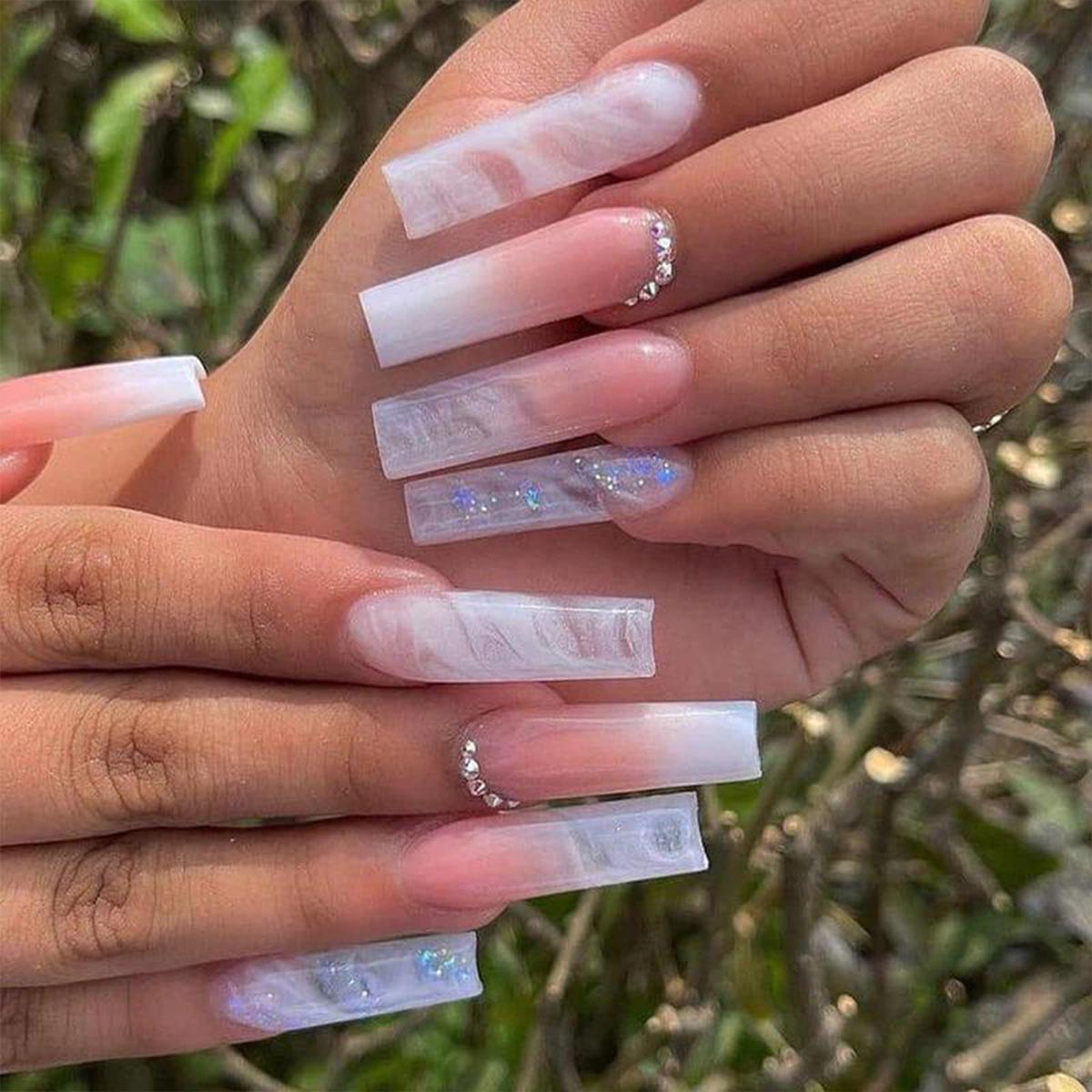 

Extra Long Gradient French False Nails with Diamonds