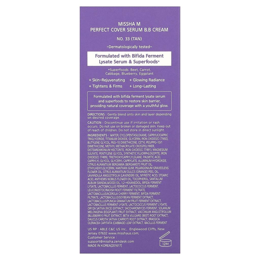 Missha Perfect Cover Serum BB Cream, Shade 33 Tan, 35ml (1.18 fl oz)