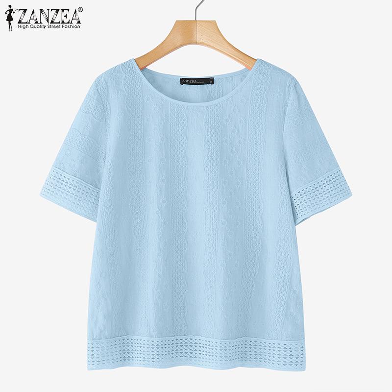 ZANZEA Damska codzienna bluzka z okrągłym dekoltem i krótkim rękawem, z koronkowymi wstawkami