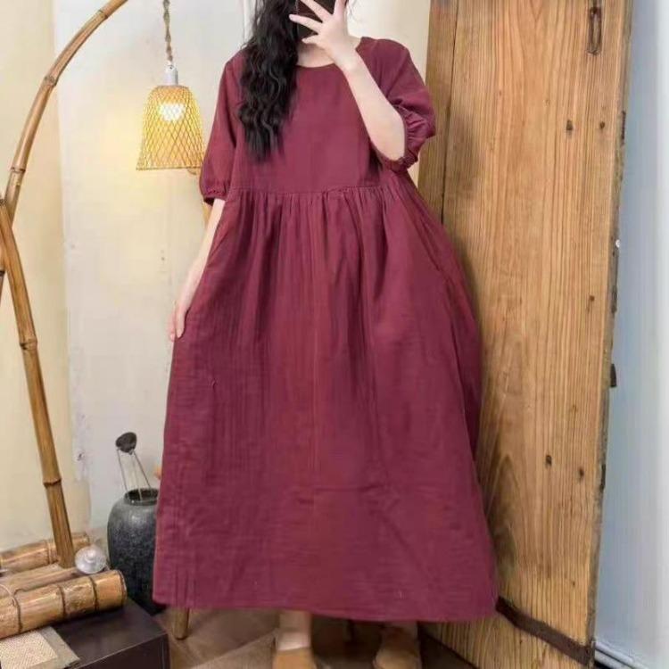 New Plus Size Summer Dress Women Vintage Casual Loose Maxi Dress Solid Basic O Neck