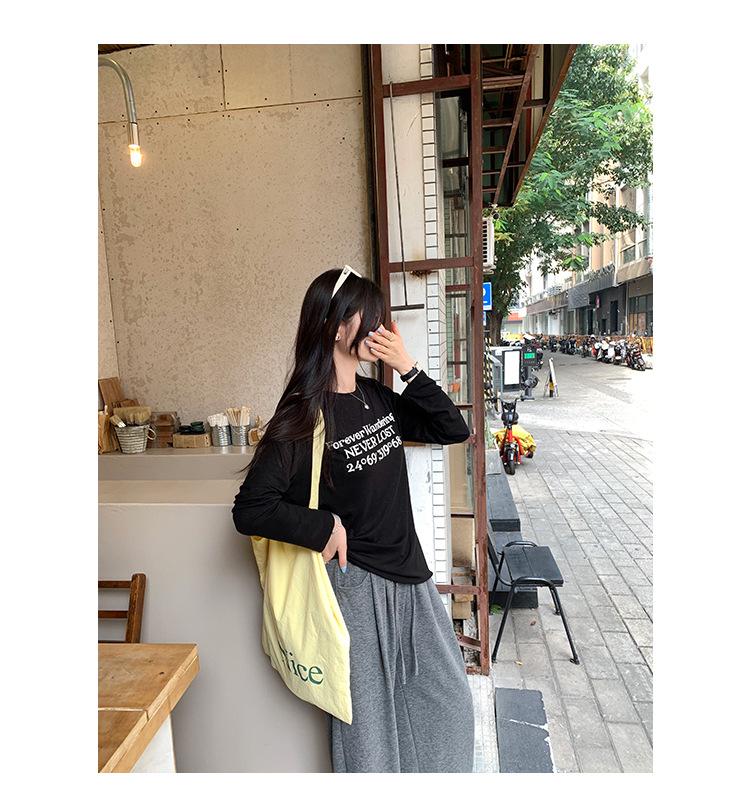 Women's European Style Long Sleeve Loose-Fit Letter Print T-Shirt, American Retro Slim Base Layer