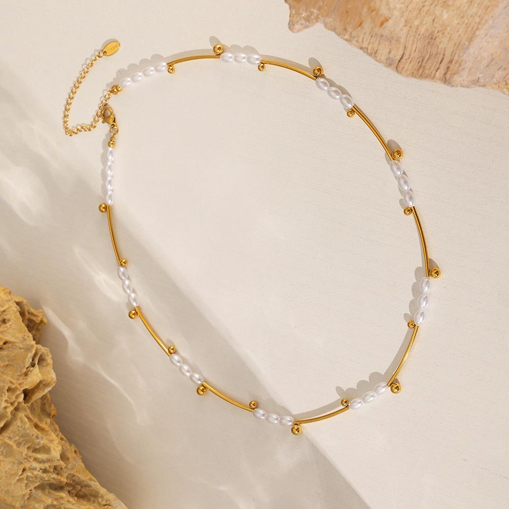 Baroque Pearl Tube Spacer Bead Clavicle Necklace in 18K Gold-Plated Titanium Steel