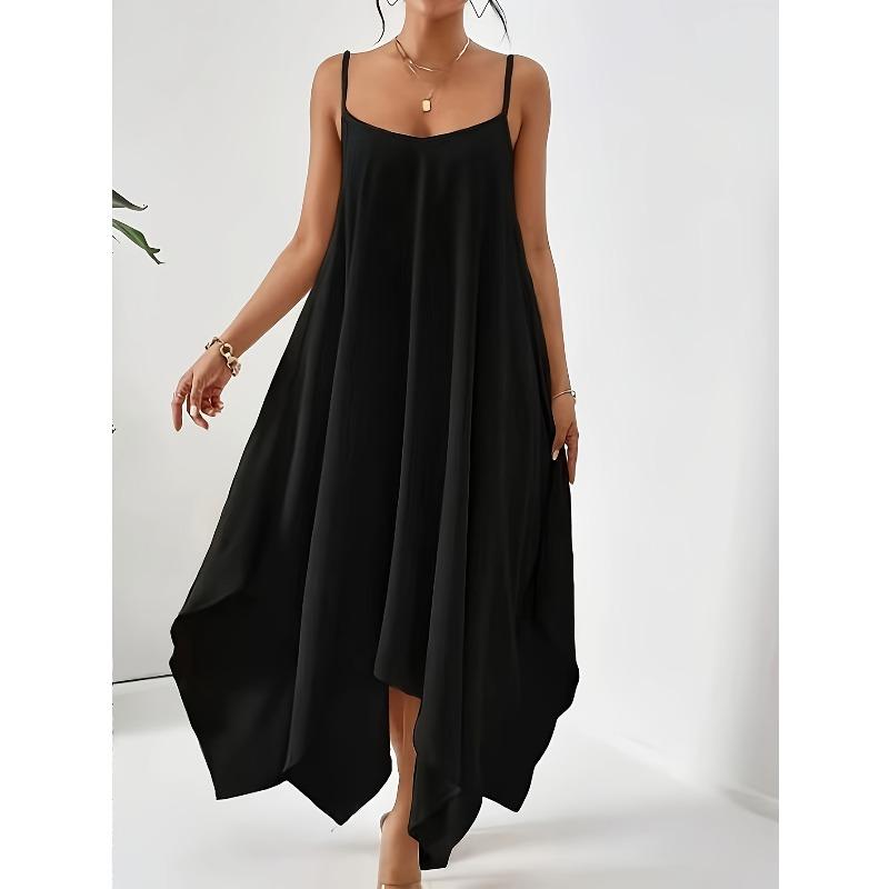 women s Solid Color Spaghetti Strap Irregular Hem Maxi Dress Loose Sleeveless Casual Long Sundress S