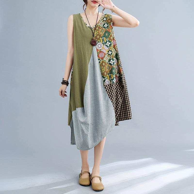 Women's Art Style Splicing Halter Vest Dress In The Long Irregular Swing Dress