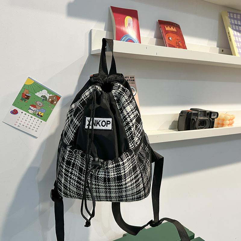 Woolen Plaid Drawstring Shoulder Bag Trendy Student Schoolbag Simple Personalized Backpack