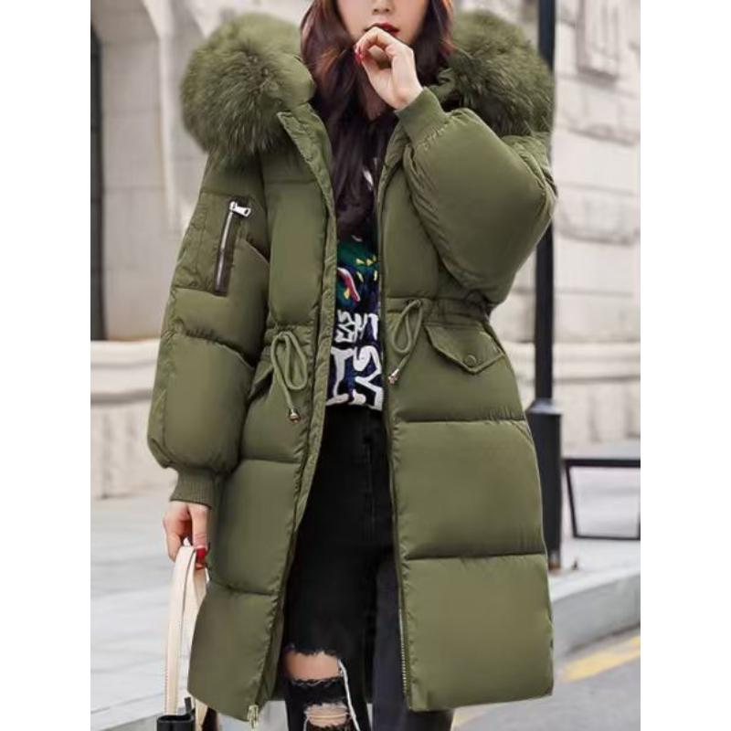 Manteau d'hiver Doudoune Veste Femme Fourrure Capuche Fourrure Épaisse Rembourrée Taille à Cordon de Serrage Fermeture Éclair Longueur Moyenne Manteau en Coton