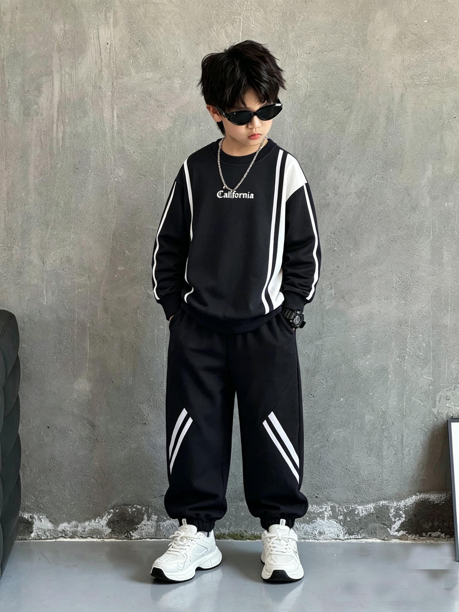 

2-Piece Big Boys Spring Fall Block Design Crewneck Sweatshirt & Jogger Set XS чёрный