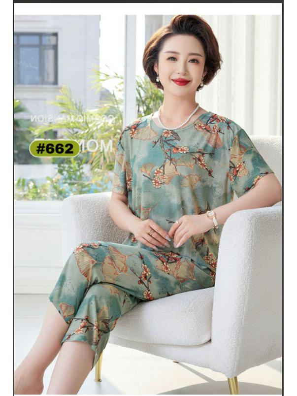 Women's Plus Size Ice Silk Pajama Set: Casual Short Sleeve Two-Piece for Middle-aged and Elderly Moms