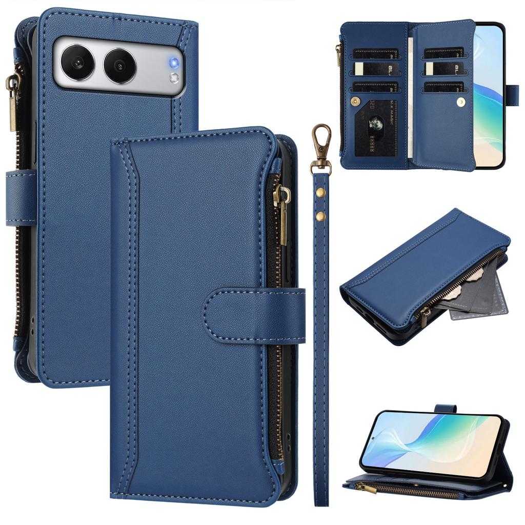 For OnePlus Nord 4 Leather Case 9 Card Slots Zipper Wallet Stand Phone Cover with Wrist Strap