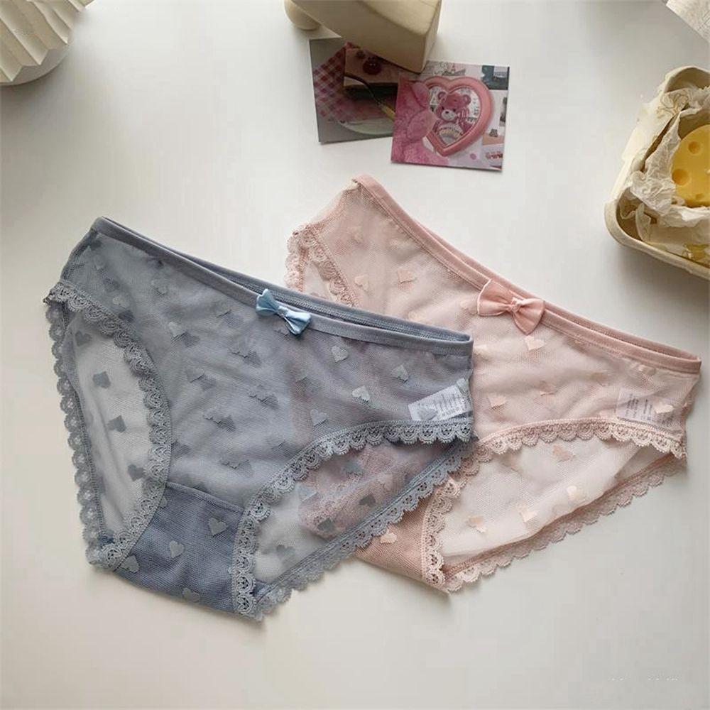 Sweet Sexy Girl Peach Hip Mesh Cotton Crotch Heart Bow Panties Women Intimates Lace Printed Briefs