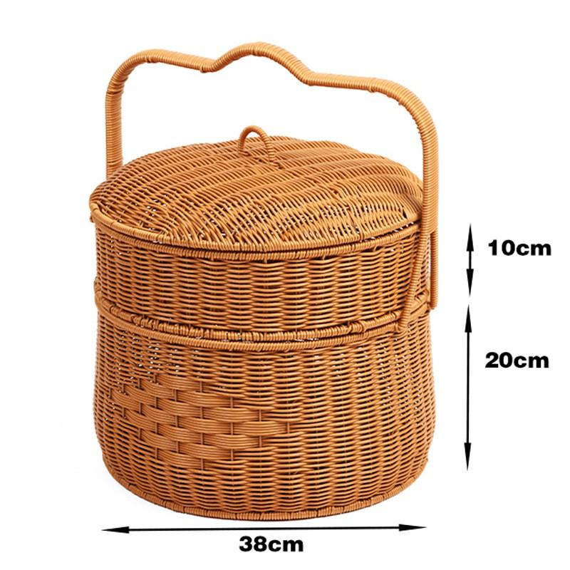 Oval Double-Layer Picnic Basket PP Wicker-Style Storage Tote Fruits Vegetables Outdoor Camping
